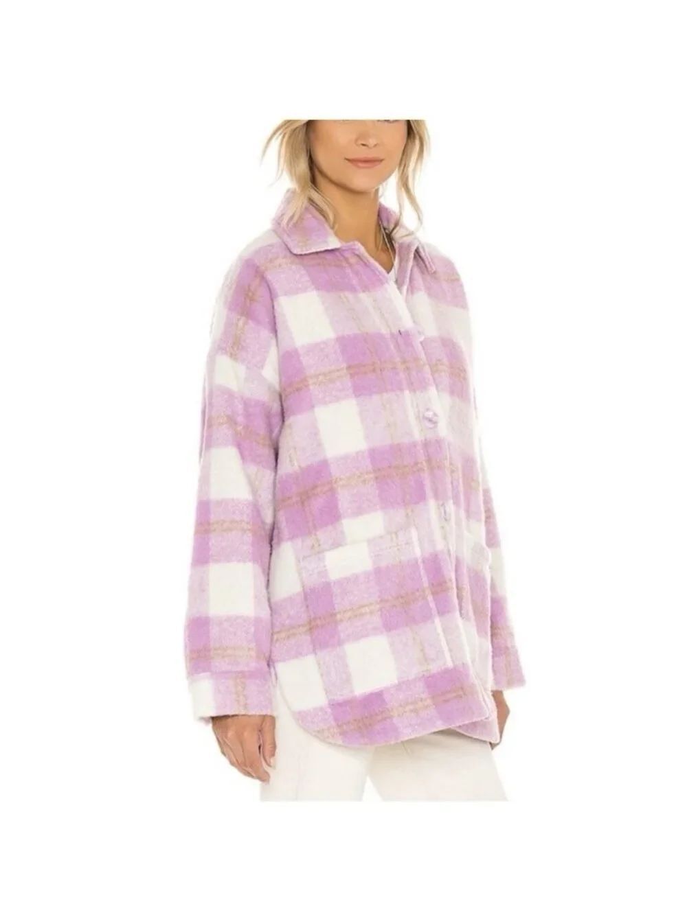 LSpace Authentic Pink Purple Plaid Teddy Shacket Jacket Button Front Size Small